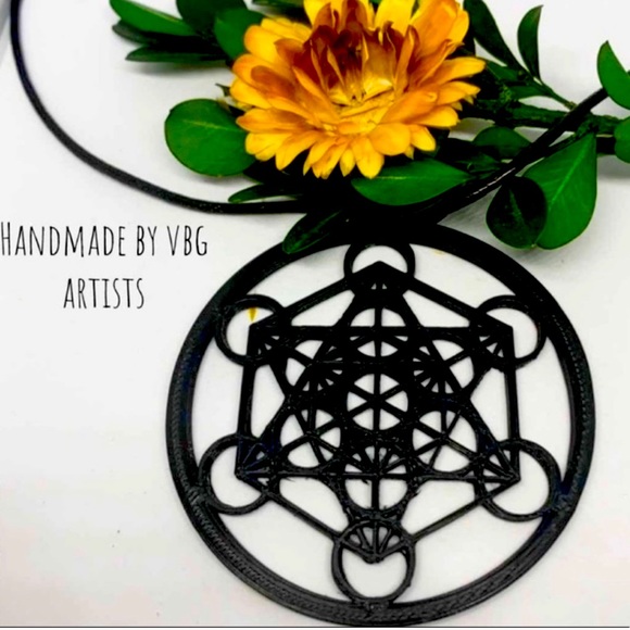 Handmade New 3D Printed Black Metatron Cube Sterling Silver Leather Necklace - Picture 2 of 15